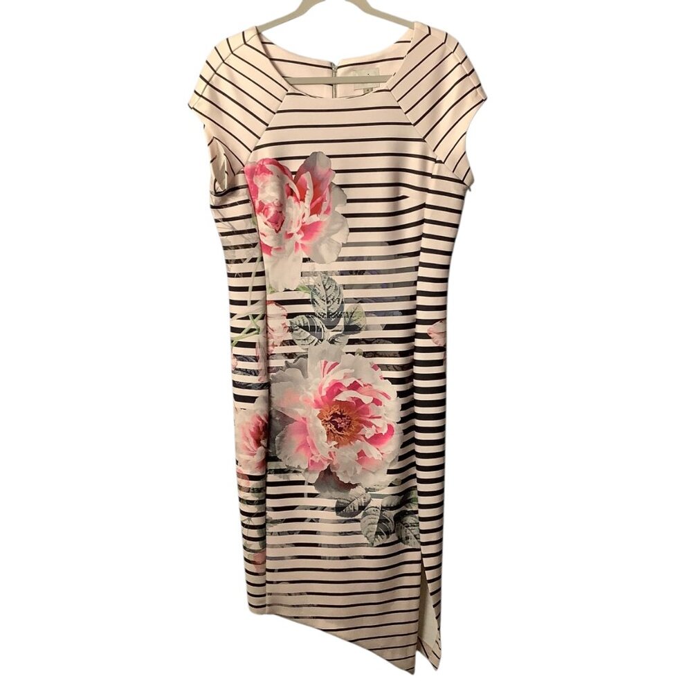 Eci New York Striped Floral Asymmetrical Dress‎ In Soft Blush Black Women Medium